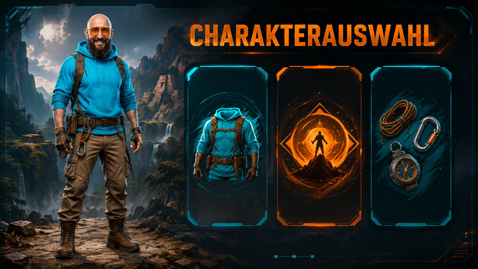 Zielbeispiel der kontrollierten Vorlage: vollständiger Adventure-Charakterauswahl-Bildschirm
