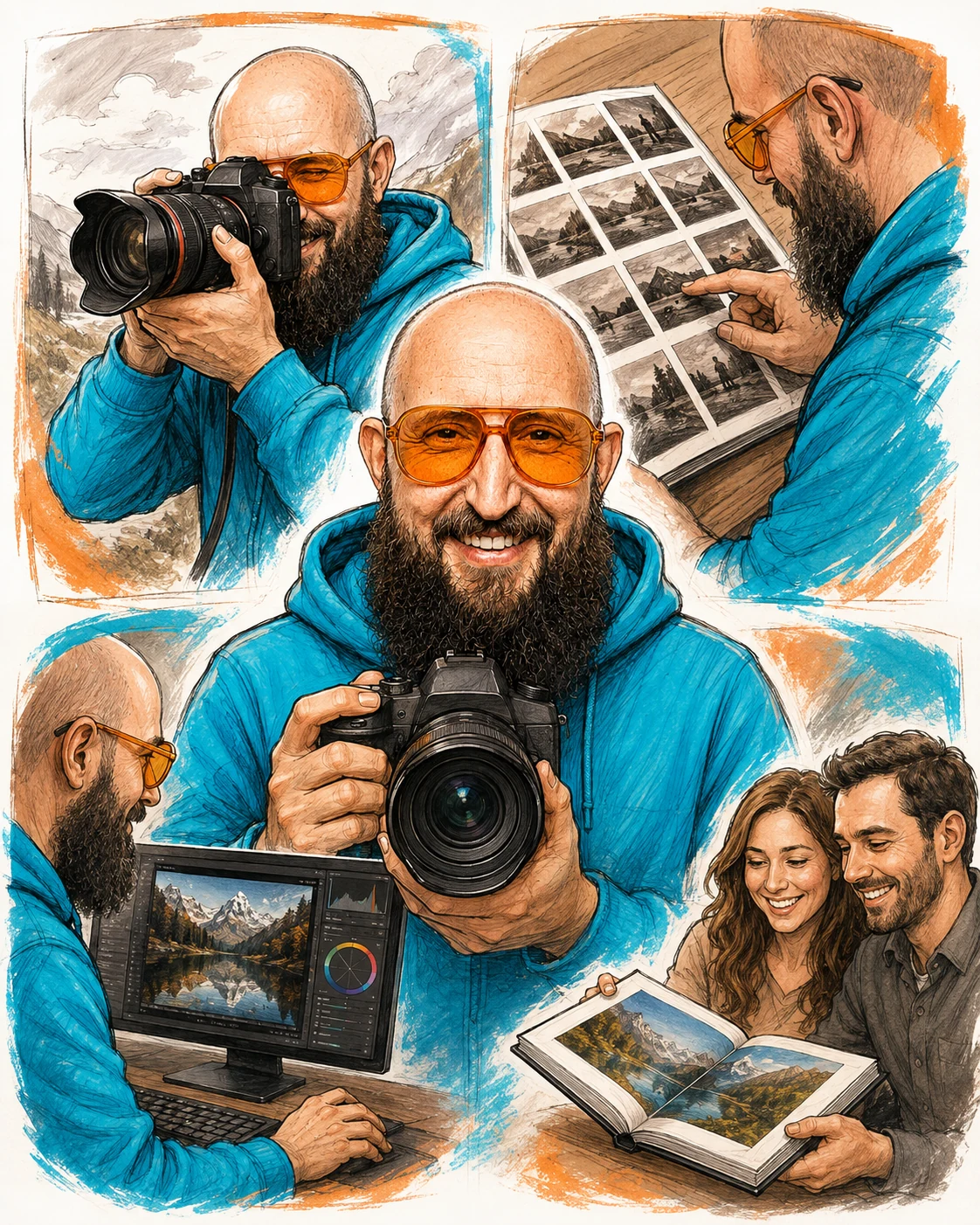 Zielbeispiel der kontrollierten Vorlage: fotografen-Karikatur mit vier vorgegebenen Tätigkeiten