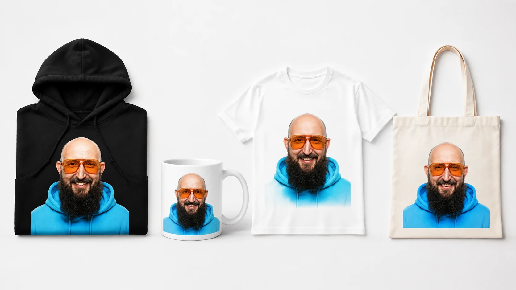 Zielbeispiel der kontrollierten Vorlage: vier Merch-Produkte mit derselben freigestellten Illustration