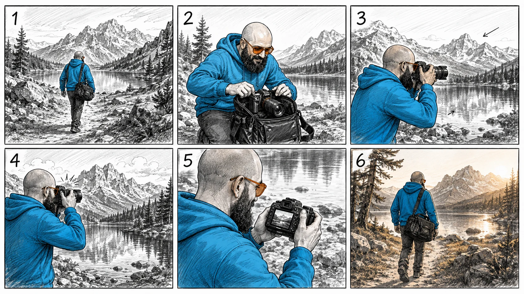 Zielbeispiel der kontrollierten Vorlage: sechsteiliges Storyboard mit vorgegebenem Fotoablauf