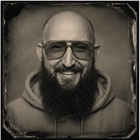 Silbergraues Nassplatten-Kollodium-Porträt mit moderner Brille und Hoodie