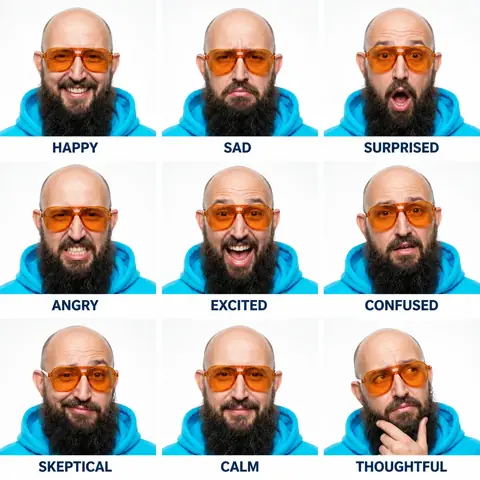 Klar getrennte Emotionen: echtes Ergebnis des Bildprompts /emotionGrid