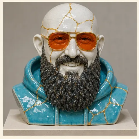 Weiße Porzellanbüste mit schmalen goldenen Kintsugi-Fugen