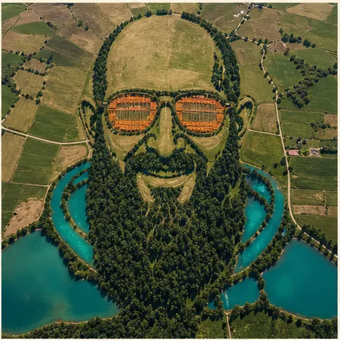 Luftlandschaft aus Feldern, Wald und Wasser, die ein Porträt bildet