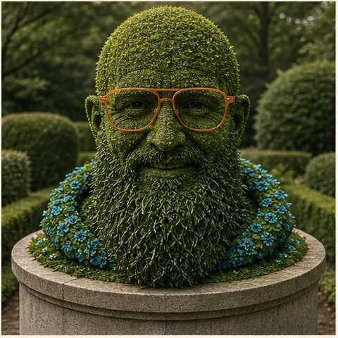 Lebende Topiary-Büste aus dichtem Laub mit orangefarbener Brille