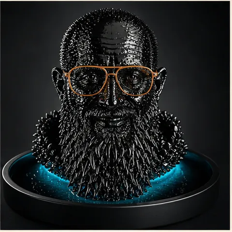 Schwarze Ferrofluid-Büste mit feinen Flüssigkeitsspitzen und orangefarbener Brille