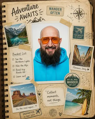 Ein illustriertes Reisetagebuch: echtes Ergebnis des Bildprompts /travelScrapbook