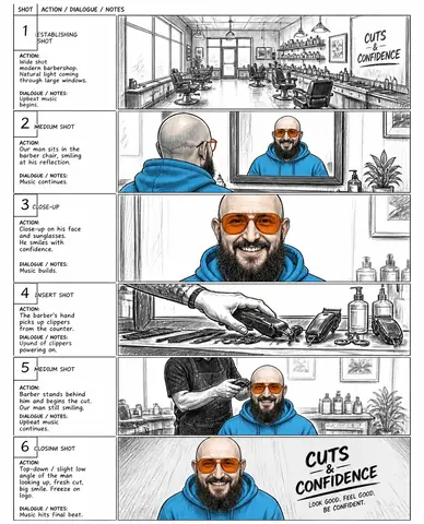 Ein kompletter visueller Ablauf: echtes Ergebnis des Bildprompts /storyboard