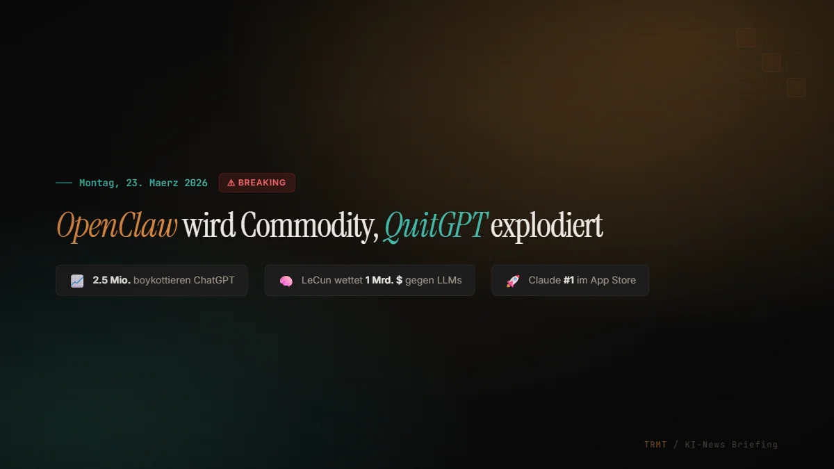KI-News Montag, 23. März 2026: OpenClaw wird Commodity, QuitGPT explodiert