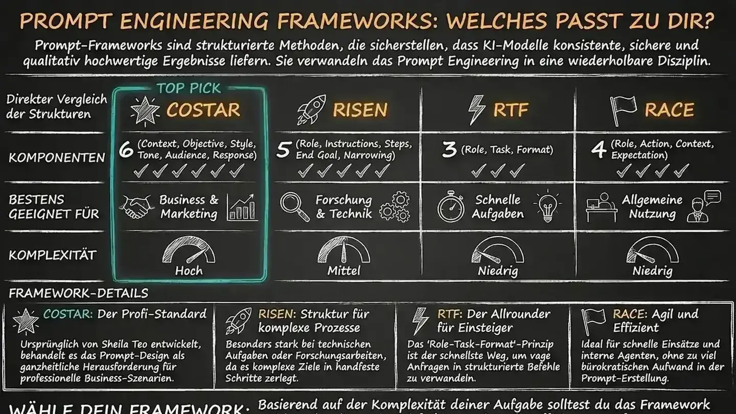 Frameworks-Vergleich: COSTAR, RISEN, RTF, RACE im Überblick