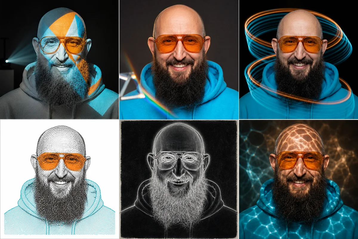 Sechs getestete Porträts mit Projection-Mapping, Prisma, Lichtmalerei, Moiré, Solarisation und Lichtkaustik