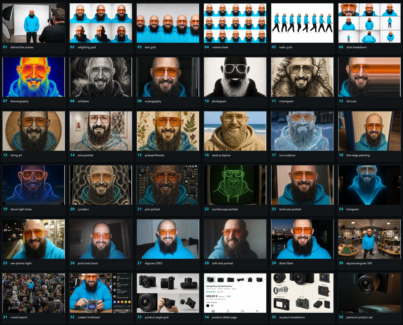 Alle 36 Ergebnisse aus dem dritten Bildprompt-Test auf einem Kontaktbogen